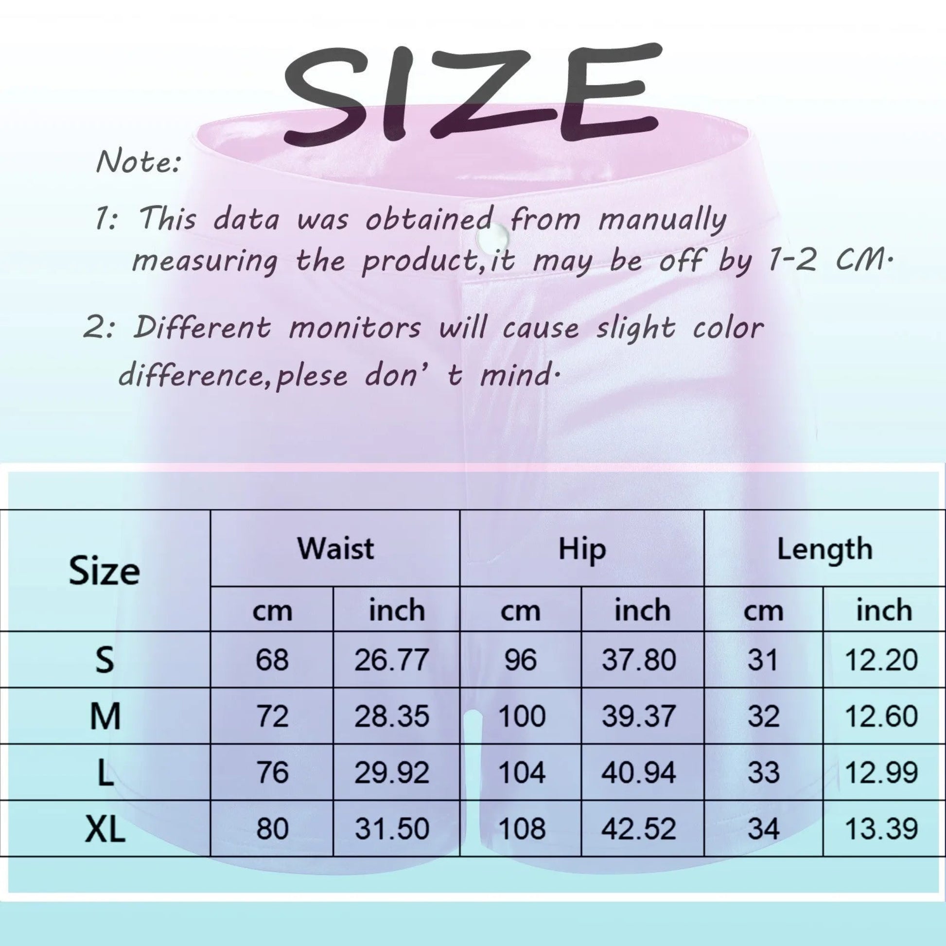 Size chart for clothing with measurements in centimeters and inches.
