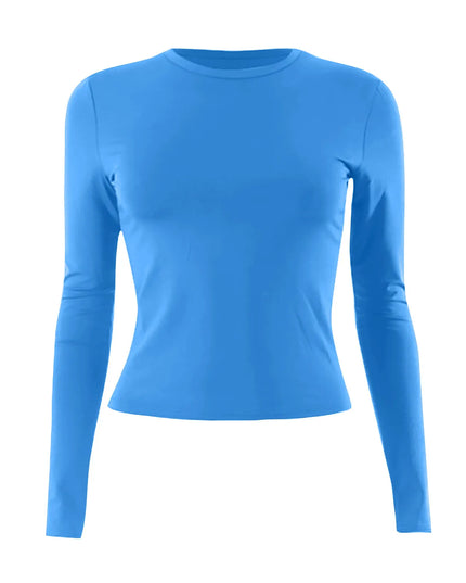 Womens long sleeve crop top in bright blue, featuring a classic O-neckline and slim fit, perfect for everyday wear.