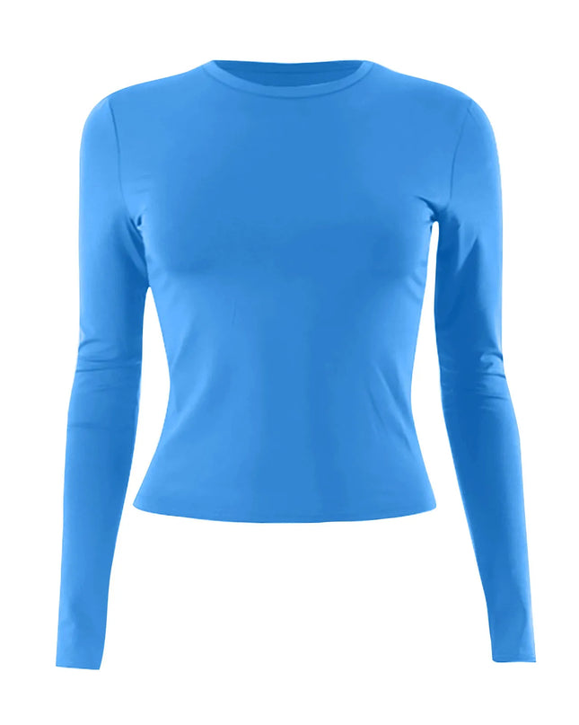 Womens long sleeve crop top in bright blue, featuring a classic O-neckline and slim fit, perfect for everyday wear.