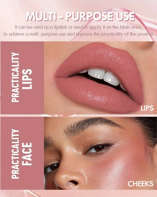 Lipstick application on lips and cheeks with text about multi-purpose use.