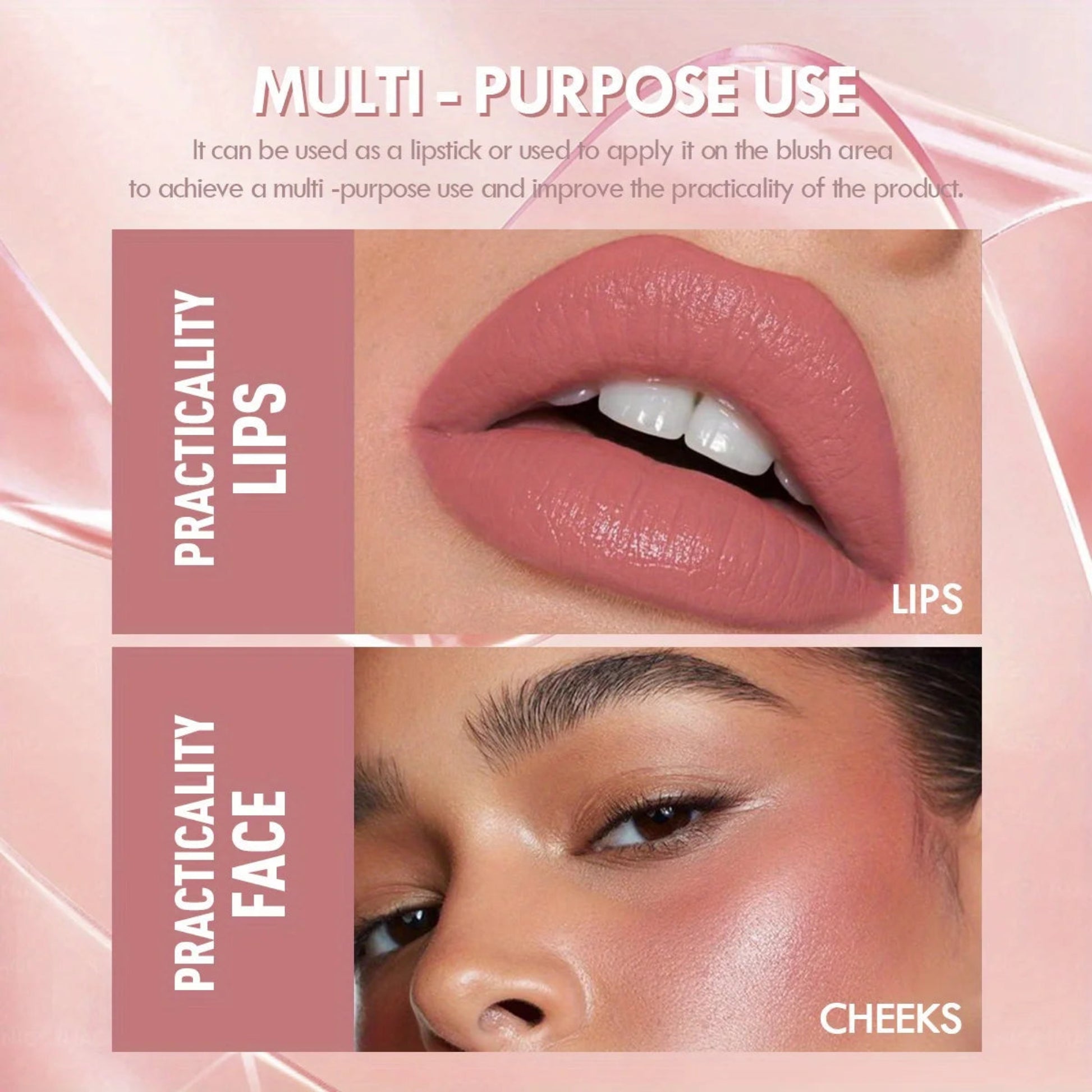 Lipstick application on lips and cheeks with text about multi-purpose use.