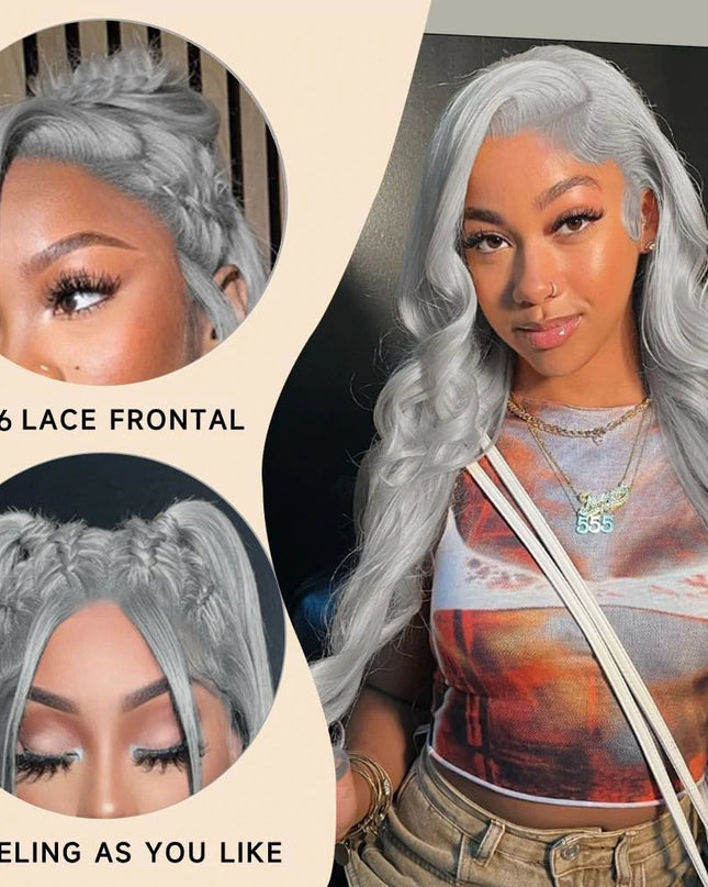 Woman with styled gray hair, close-up shots, and text indicating lace frontal type.