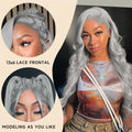 Woman with styled gray hair, close-up shots, and text indicating lace frontal type.