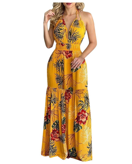 Women Tropical Print Halter Backless Maxi Dress Sexy Sleeveless Deeep V Beach Dress