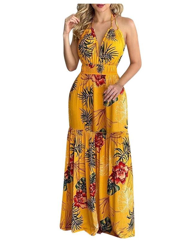 Women Tropical Print Halter Backless Maxi Dress Sexy Sleeveless Deeep V Beach Dress