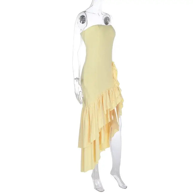 Sexy strapless summer dress in light yellow with an irregular ruffled design, perfect for spring and summer fashion.