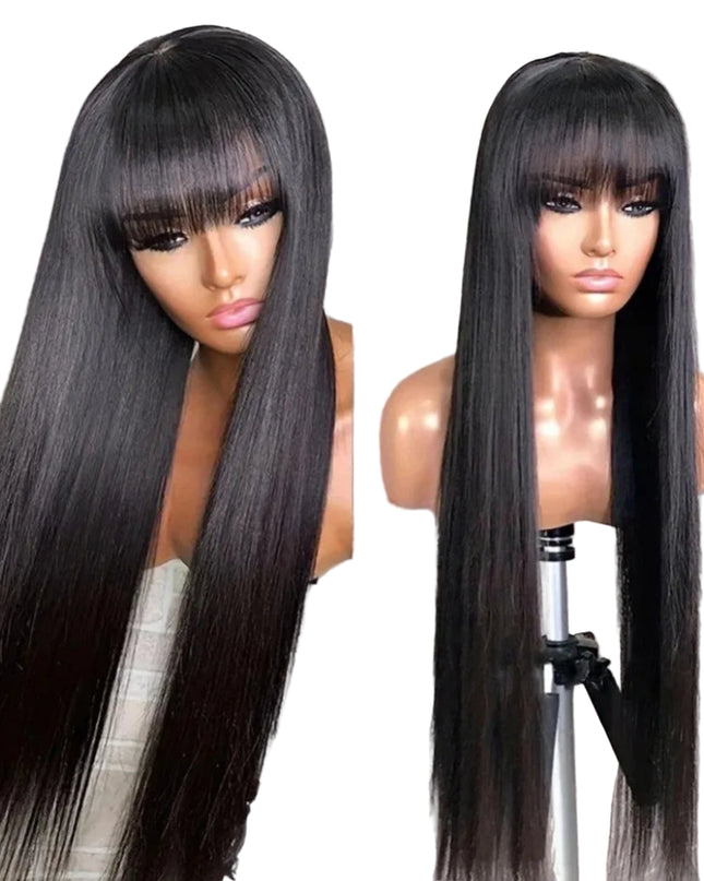 Two mannequin heads with long black wigs against a brick wall background.