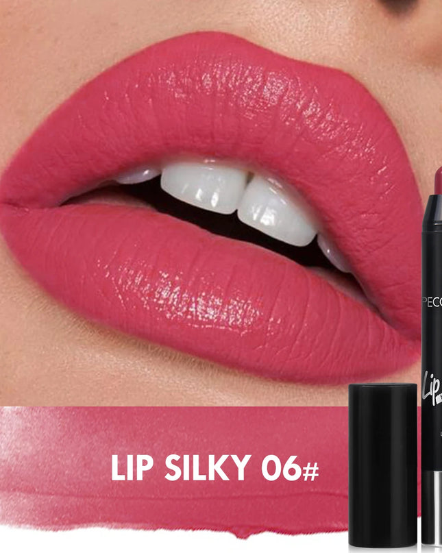 Lipstick with 'Lip Silky 06#' shade applied to lips, showing color match.
