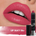 Lipstick with 'Lip Silky 06#' shade applied to lips, showing color match.