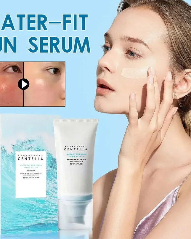 50ml Water-Fit Sun Serum with Centella for skin protection and whitening, displayed on a model applying it.