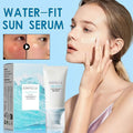 50ml Water-Fit Sun Serum with Centella for skin protection and whitening, displayed on a model applying it.