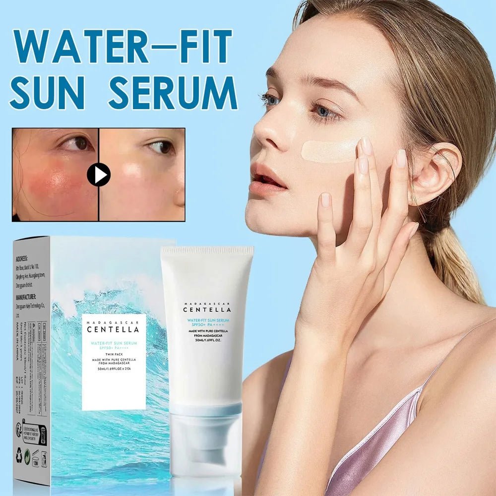 50ml Water-Fit Sun Serum with Centella for skin protection and whitening, displayed on a model applying it.