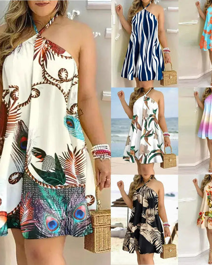 Tropical print halter neck dress featuring vibrant patterns, perfect for spring and summer vacation style.