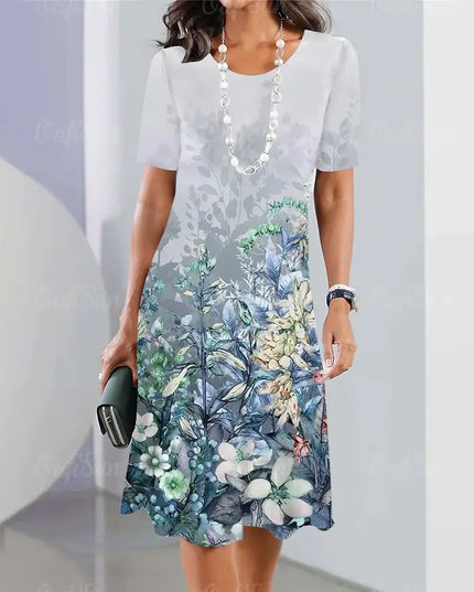 Summer Women's Dresses 3D Floral Print Short Sleeve Dress in elegant loose A-line silhouette.