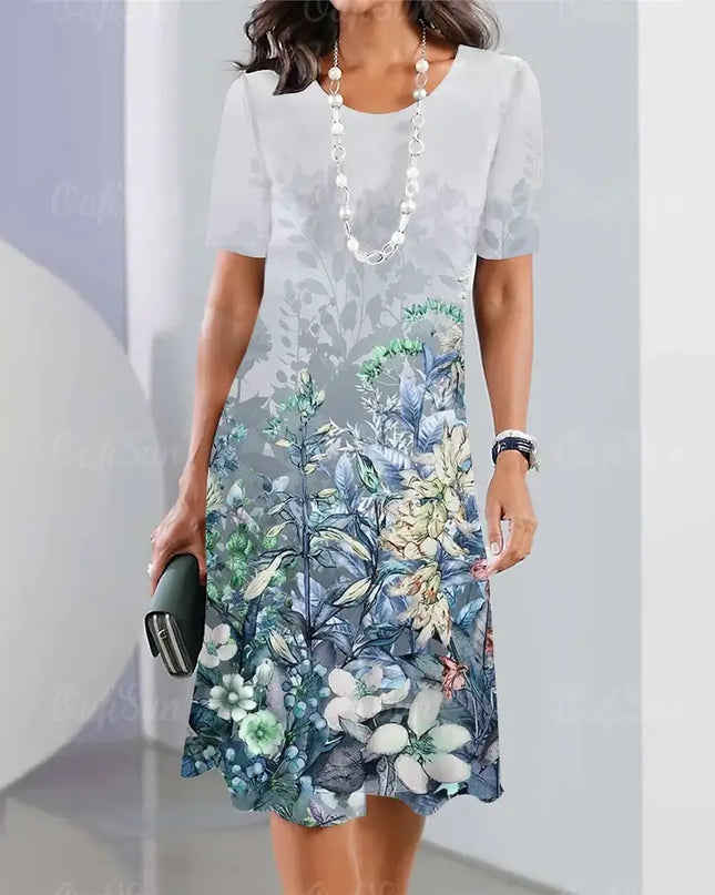 Summer Women's Dresses 3D Floral Print Short Sleeve Dress in elegant loose A-line silhouette.