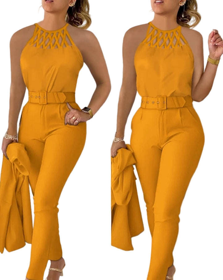 Yellow jumpsuit worn by a model against a white wall.