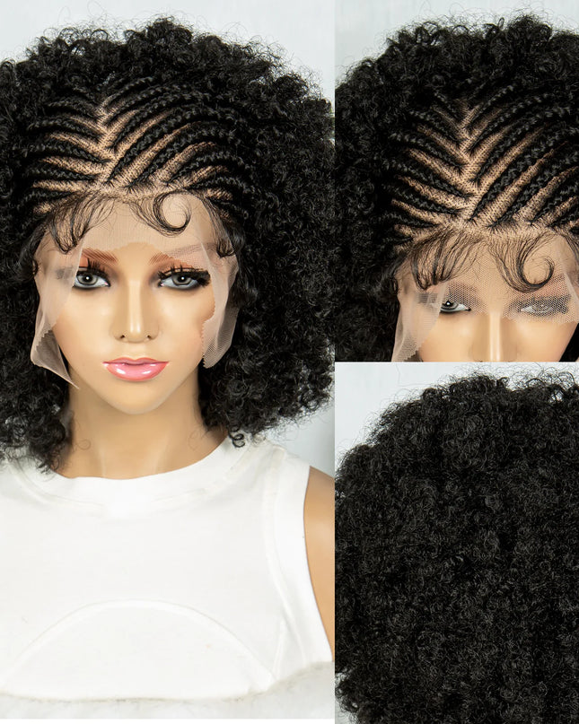 Black synthetic wig with curly hair and braided front section on a mannequin head.