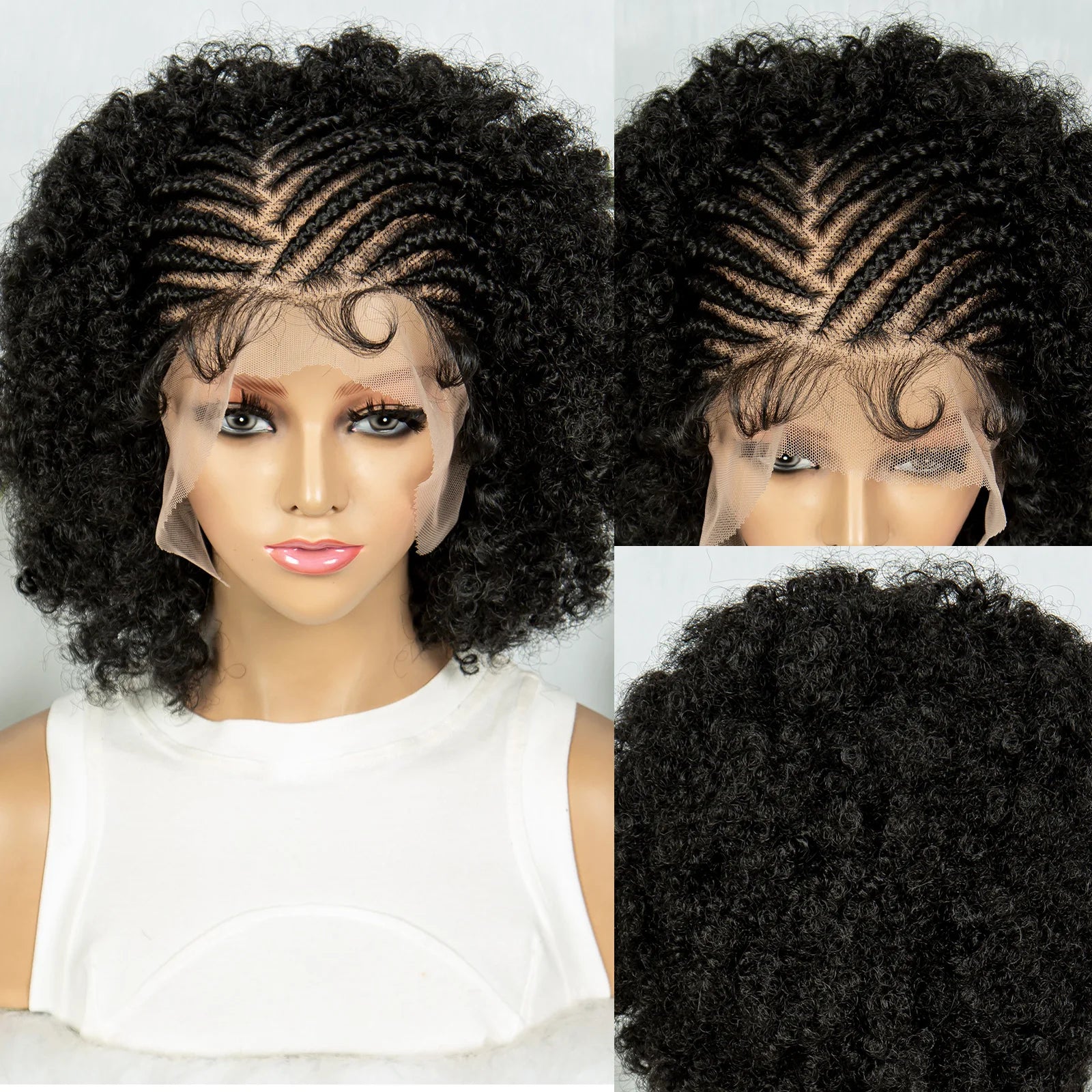 Black synthetic wig with curly hair and braided front section on a mannequin head.