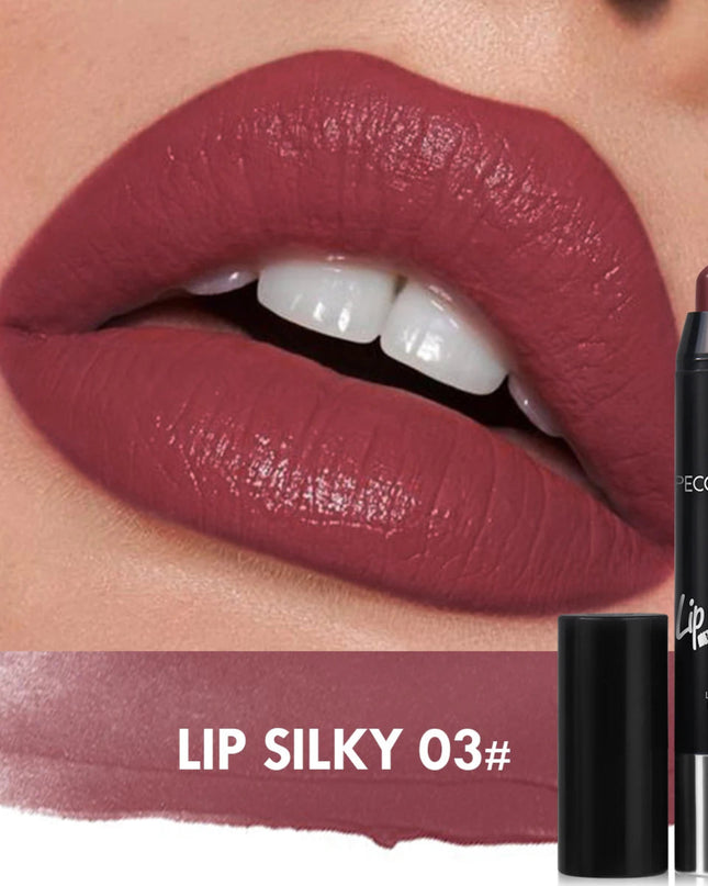 Lipstick with 'Lip Silky 03#' shade applied to lips, showing color swatch and product packaging.