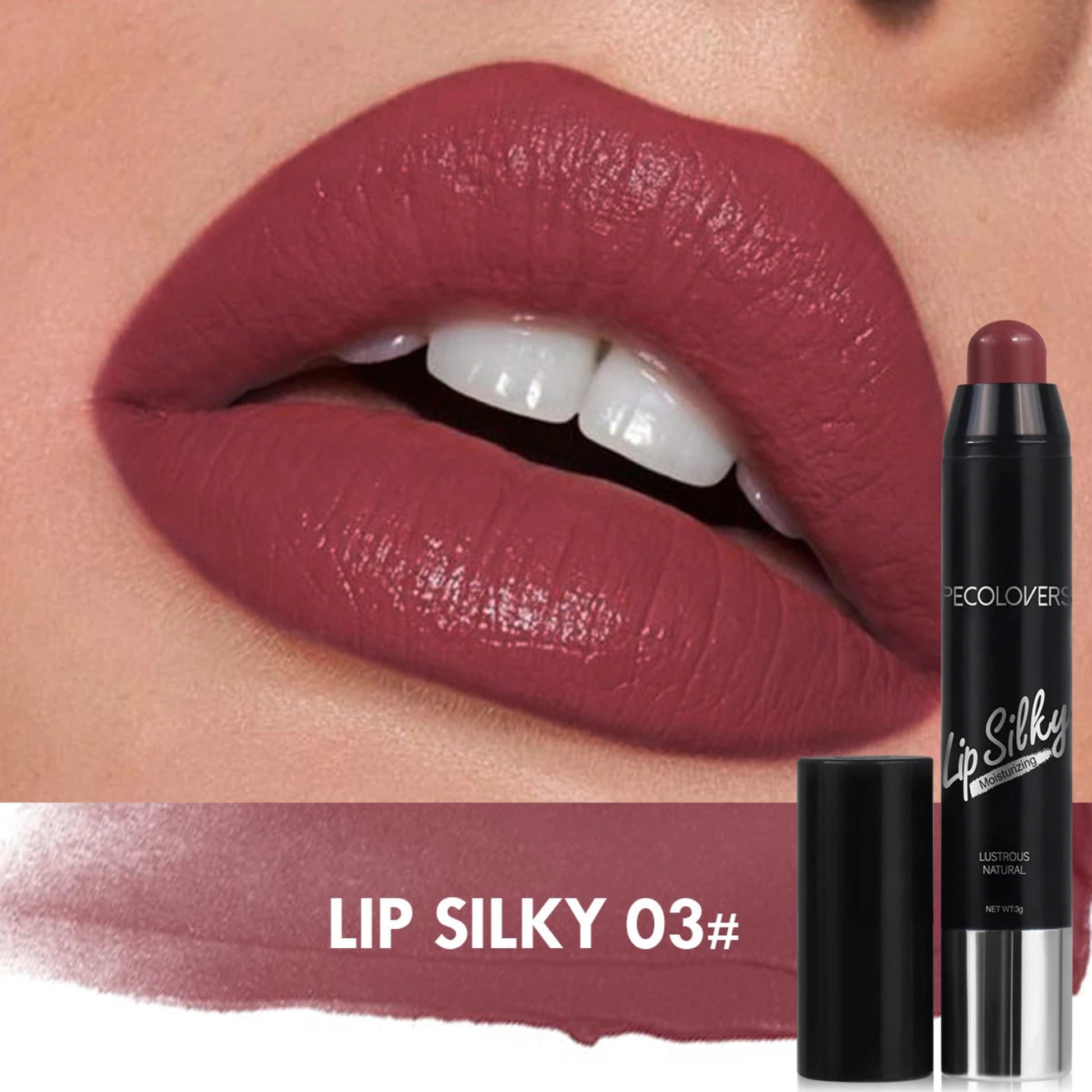 Lipstick with 'Lip Silky 03#' shade applied to lips, showing color swatch and product packaging.
