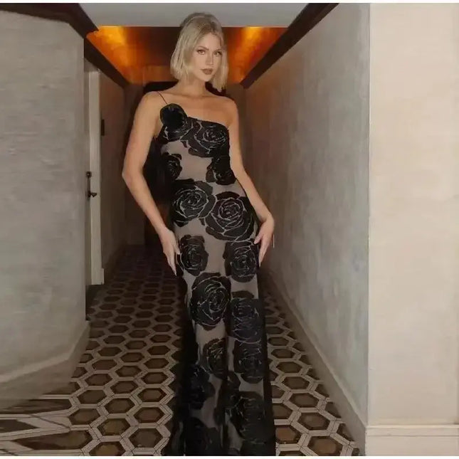 Oligai one shoulder elegant dress shown in black mesh with floral designs, perfect for weddings and parties.