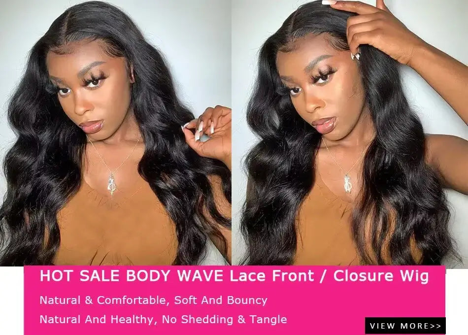 Woman with long, wavy hair wearing a lace front wig, with promotional text about the wig's features.