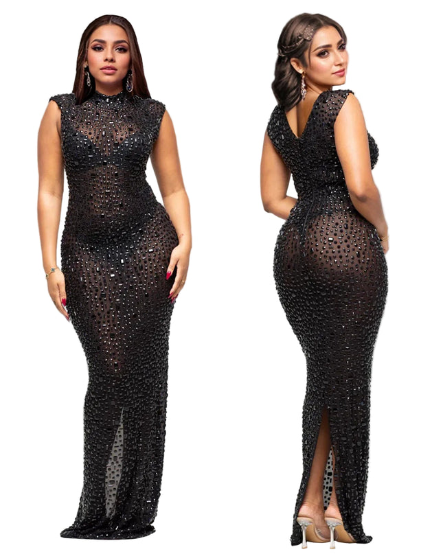 Black sequin dress worn by a model on a gray background