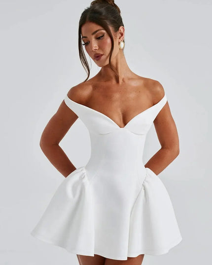 Elegant Off Shoulder Draped V Neck Mini Dress, perfect for party, featuring a sexy A-Line silhouette.