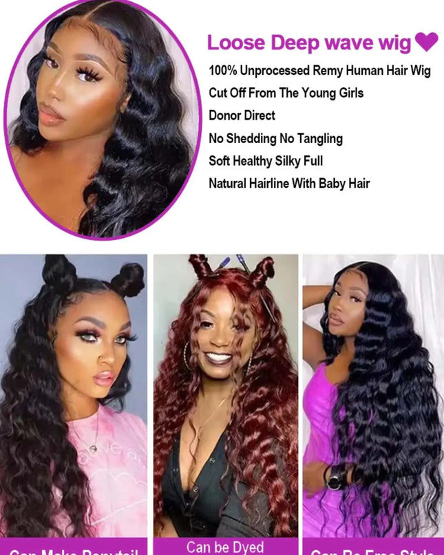 Promotional image of a loose deep wave wig with product details and examples of styling.