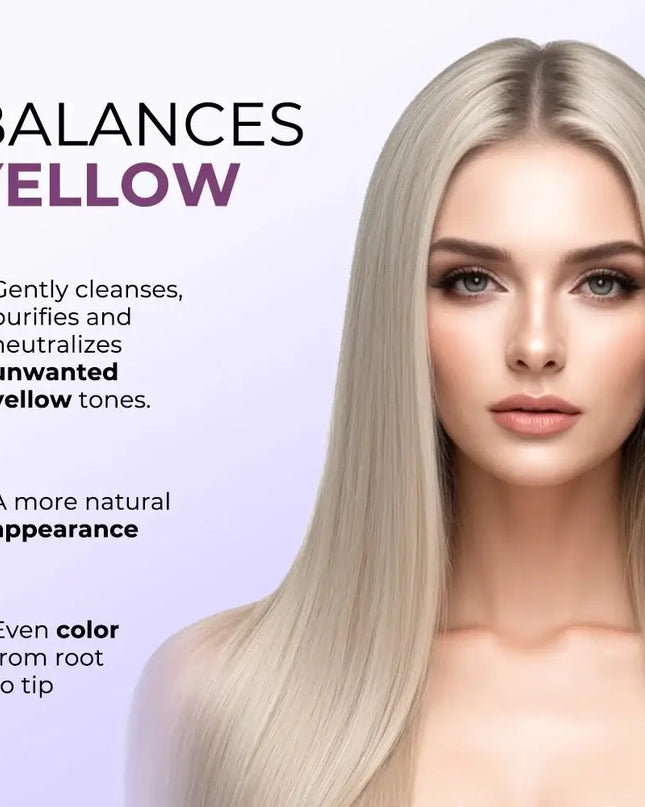 Female model with smooth, blonde hair showcasing benefits of Karseell Purple Hair Mask for neutralizing yellow tones.
