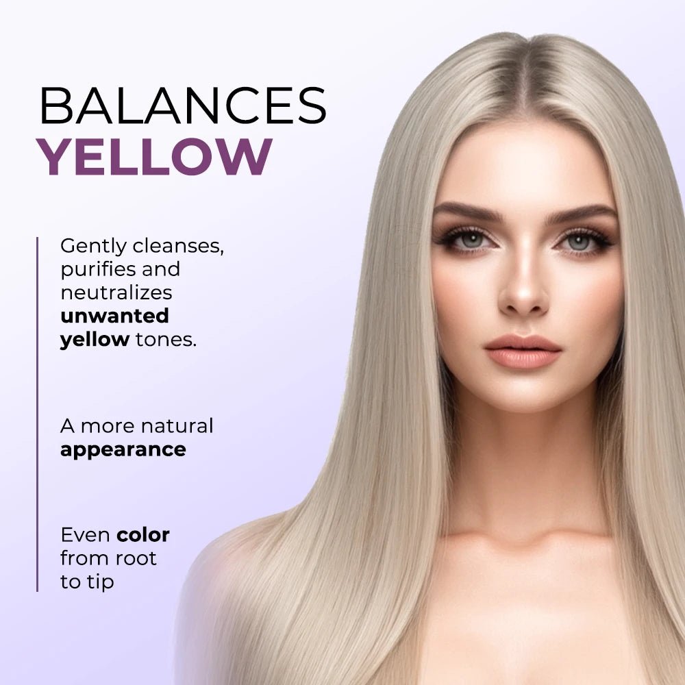 Female model with smooth, blonde hair showcasing benefits of Karseell Purple Hair Mask for neutralizing yellow tones.