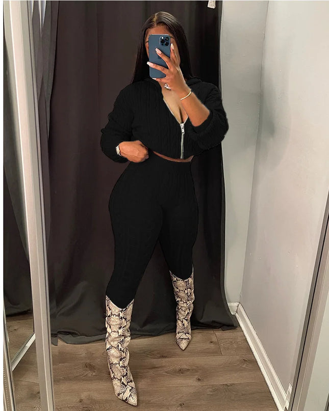 Women's Knit Hooded Sweater and Pants 2-Piece Set | Fall Winter Loungewear Outfit