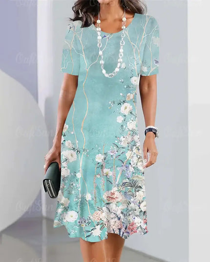 Summer women's dresses 3d floral print elegant loose A-line skirt with short sleeves and floral design.
