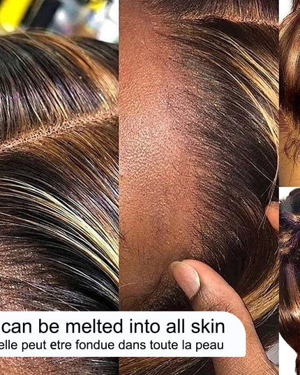 Collage of hair extensions with text about melting lace into skin.