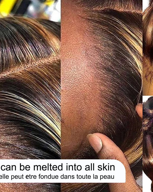 Collage of hair extensions with text about melting lace into skin.