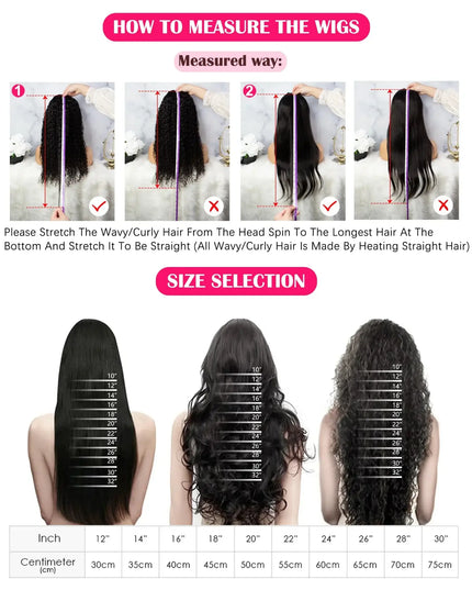 Instructions on how to measure wigs with a visual guide and size chart.