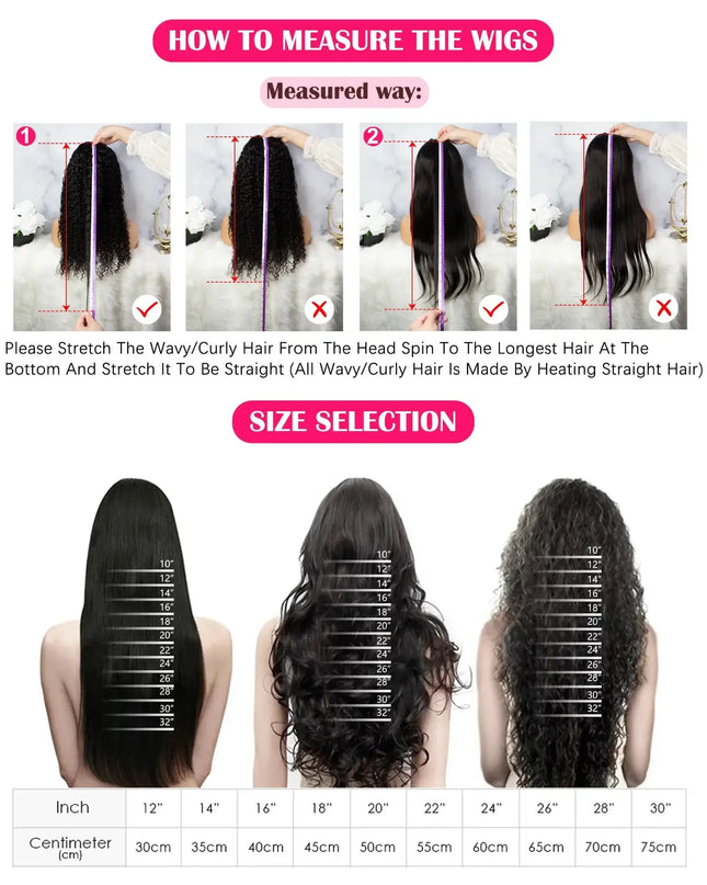 Instructions on how to measure wigs with a visual guide and size chart.