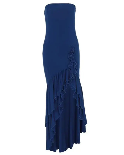 Sexy strapless summer dress in navy blue with ruffle design, perfect for fashion-forward women.