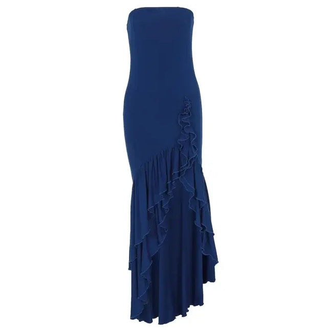 Sexy strapless summer dress in navy blue with ruffle design, perfect for fashion-forward women.
