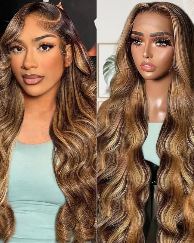 220% density body wave lace front wig styled on a model and mannequin showcasing P4/27 highlights and luxurious waves.