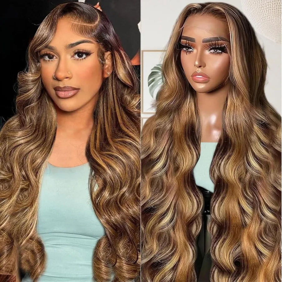 220% density body wave lace front wig styled on a model and mannequin showcasing P4/27 highlights and luxurious waves.