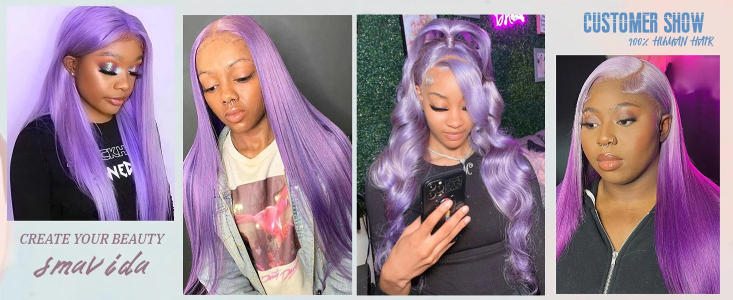 Collage of a woman with purple hair styled in different ways, featuring the brand 'SmaVida'.