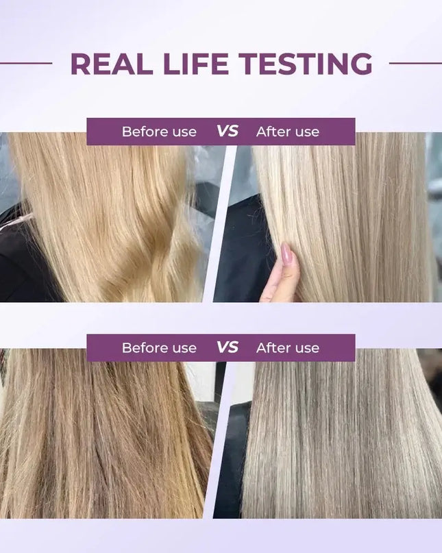 Before and after results of Karseell Purple Hair Mask showing improved blonde and gray hair, free from brassiness.