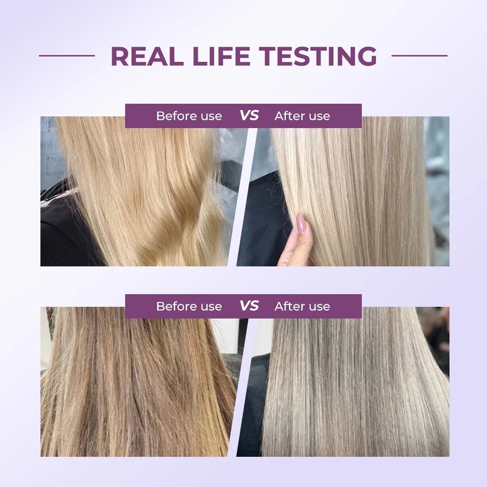 Before and after results of Karseell Purple Hair Mask showing improved blonde and gray hair, free from brassiness.