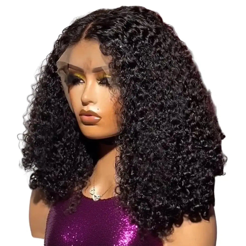 Mannequin head with a black curly wig in front of pink flowers