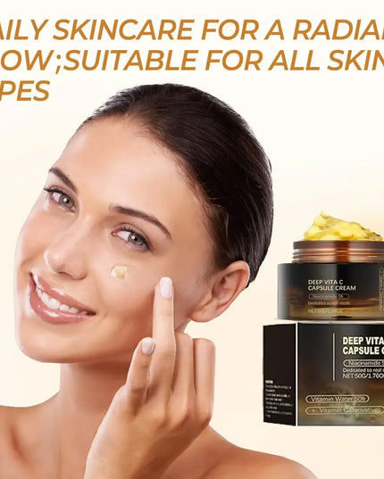 Woman applying Vitamin C capsule cream for radiant skin; suitable for all skin types, showcasing hydration and glow.