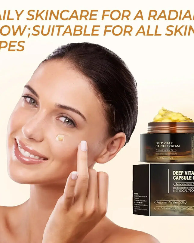 Woman applying Vitamin C capsule cream for radiant skin; suitable for all skin types, showcasing hydration and glow.