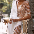 Elegant deep V-neck long sleeve dress with sheer lace details and thigh-high slit, perfect for formal events.