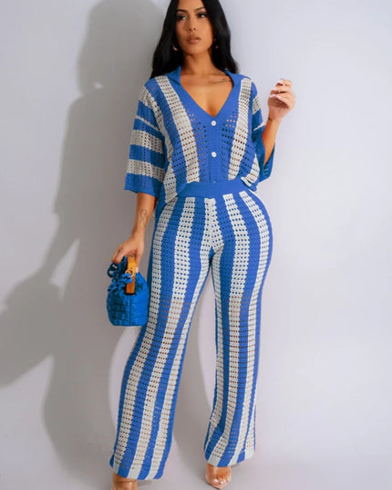 Women's Crochet Knit Two-Piece Beach Set – Button Top & Wide-Leg Pants