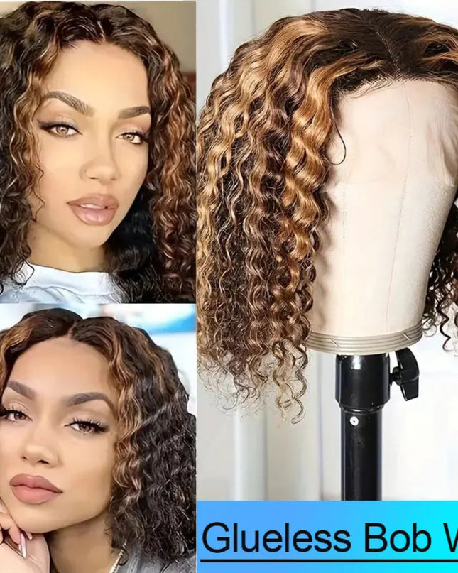 Deep wave bob wig human hair with stylish highlights, glueless design, and natural appearance.